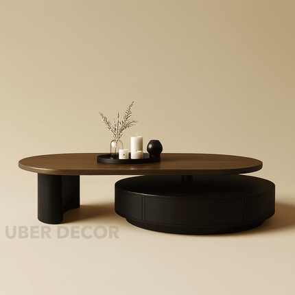 Aldan Dual Layer Functional Mid Century Modern Contemporary Coffee Table Scandinavian Design Solid Wood Top Cylindrical Base Matte Finish Round Center Table for Reception Area