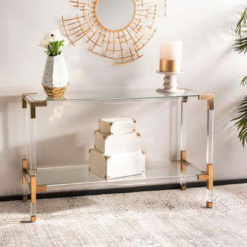 Lumina Luxe Mid-Century Modern Display Table – Clear Tempered Glass Top with Gold & Lucite Accents for Entryway or Living Room