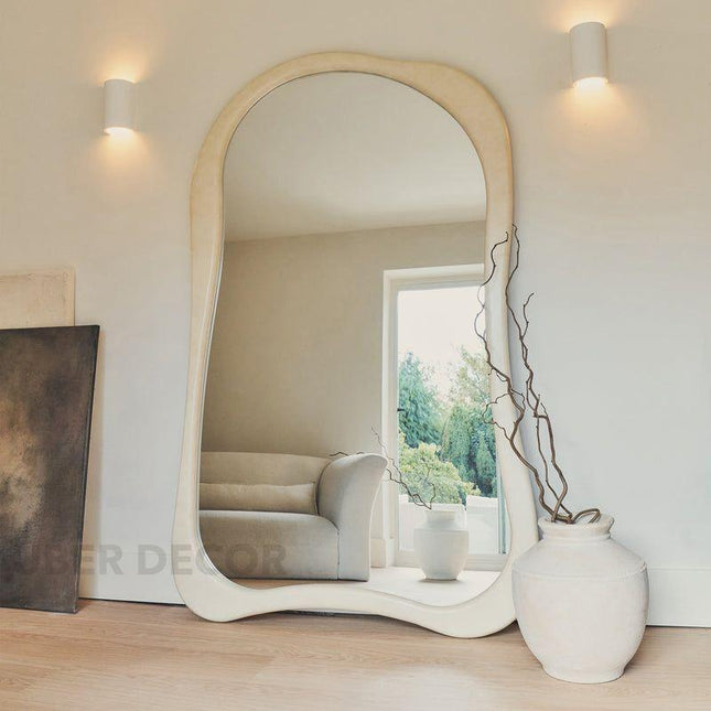 Claribel Wavy Ivory Teak Floor Mirror – Sculptural Full-Length Statement Piece - Uber Decor