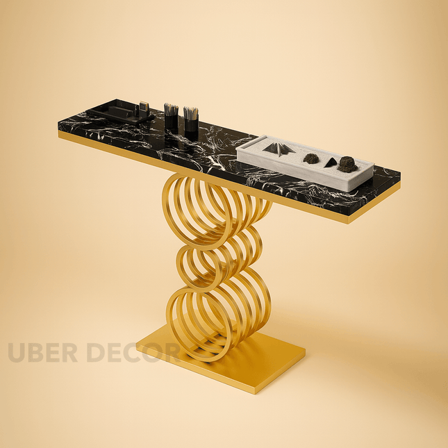 Helios Coil Display Table – Custom Marble Top & Sculptural Gold Ring-Stack Base Mid‑Century Modern Accent