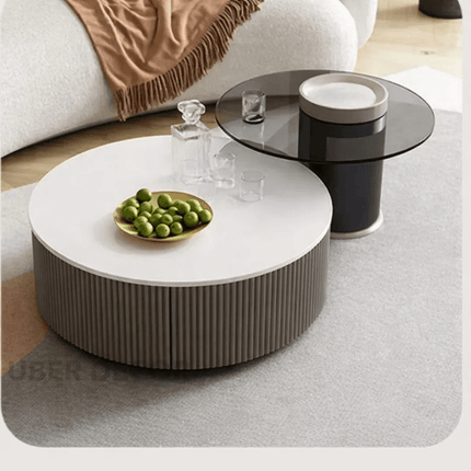Tiber Oro Italian Luxury Round Coffee Table Tempered Glass Top High Gloss Finish Minimalist Centerpiece for Lounge and Living Suites