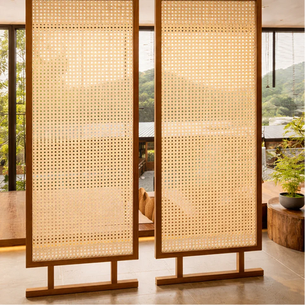 NATRA Handcrafted Wooden Rattan Room Divider with Sliding Panel Design for Living Rooms, Bedrooms & Custom Interior Spaces