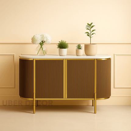 Odessa Entryway Table – Wood Cabinet with Gold Frame & Ribbed Doors Mid‑Century Modern Accent