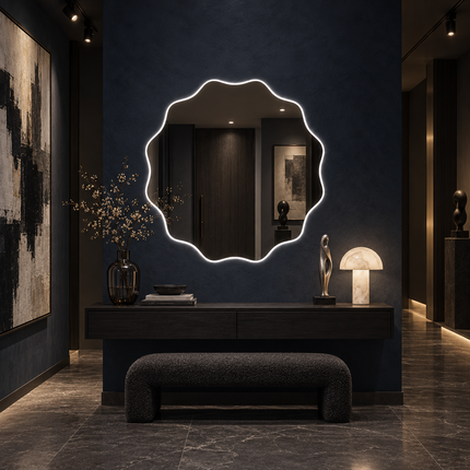 Marigold Wavy Frameless LED Wall Mirror with Front or Back Lit for Bathroom Vanity and Modern Interiors