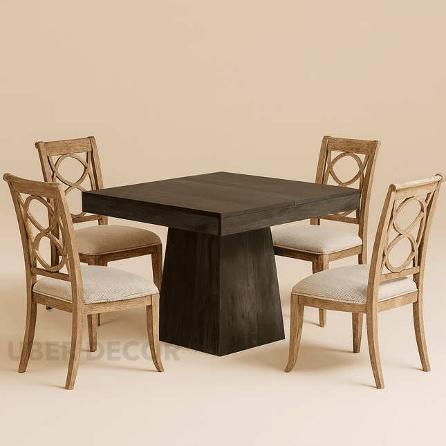 Oakridge Hearth Rustic Modern Solid Wood Compact Dining Table Set with Customizable Upholstered Chairs β 4 Seater for Cozy Dining Room