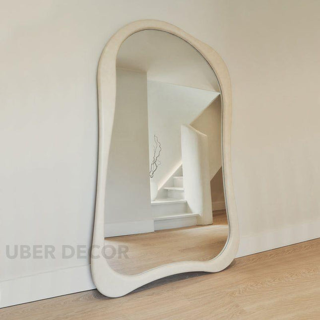 Claribel Wavy Ivory Teak Floor Mirror – Sculptural Full-Length Statement Piece