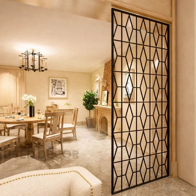 KRYNEX Stainless Steel Geometric Room Divider With Architectural Screen Pattern For Living Room Dining Area And Formal Seating Spaces