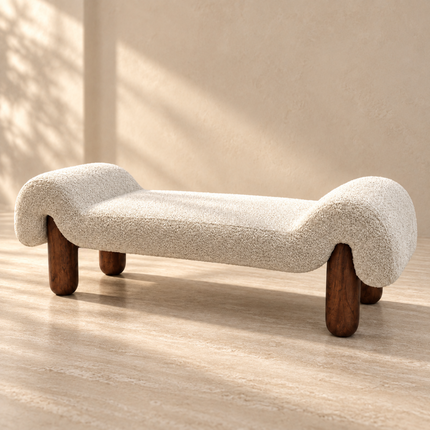 Nola Curve – Modern Sculptural Boucle Bench Ready to Ship Luxury End-of-Bed & Accent Bench for Bedrooms, Living Rooms and Lounges