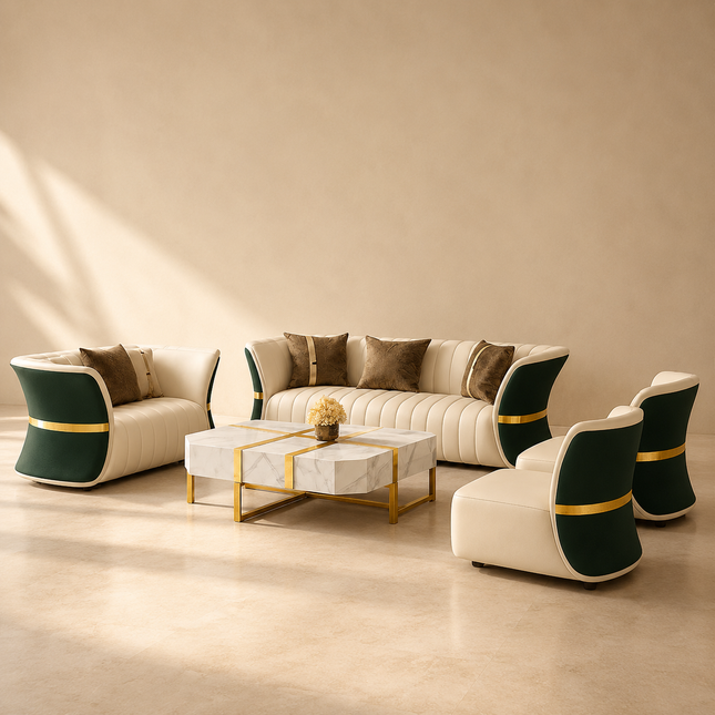 Medan Luxury Modern Sofa Set for Living Room with Golden Accents and Dual Tone Upholstery Customisable Designer Sofa