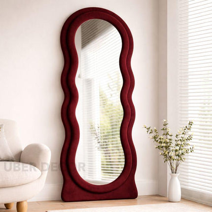 Wavy Symphony Upholstered Full-Length Bedroom Mirror- Modern Wavy Irregular Arched Mirror
