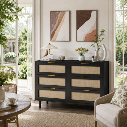 Bayshore 6-Drawer Scandinavian Rattan Front Solid Wood Cabinet with Natural Polish & Custom Finish Options for Bedroom, Living Room & Entryway