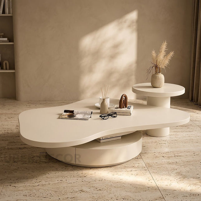 Rio Bianco Wabi-Sabi Italian Light Luxury Cloud Coffee Table – Japandi Sculptural Solid Wood Center Table for Living Rooms