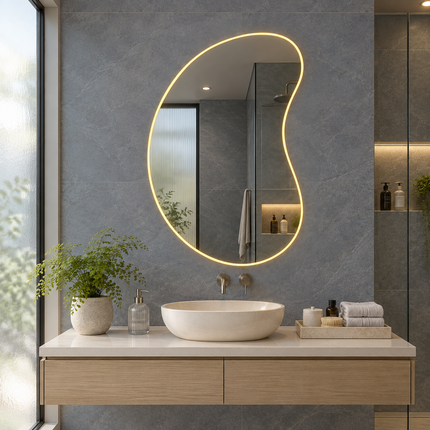 Solis Sculptural LED Wall Mirror in Frameless Design with Front or Back Lit for Vanity Bedroom and Modern Interiors