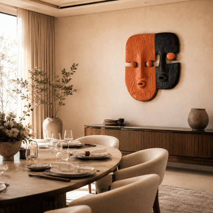 Dual Mask Rhythm Boho 3D Face Wall Art – Sculpture for Living Room