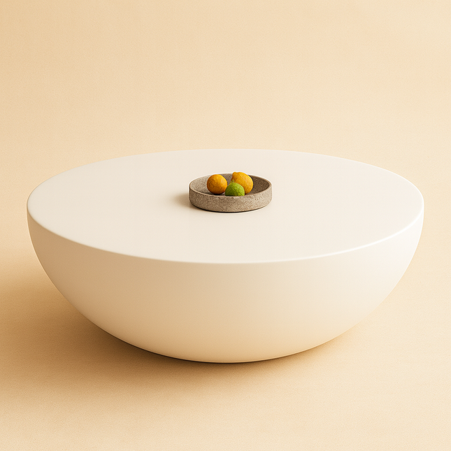 Hooghly Coffee Table, Minimalist Modern Japandi Round Seamless Matte White Low Profile Center Table for Living Room
