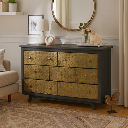 Lume Brasswave Mid Century Indian Solid Wood Chest – Charcoal Finish, Hand-Carved Brass, 7-Drawer Storage