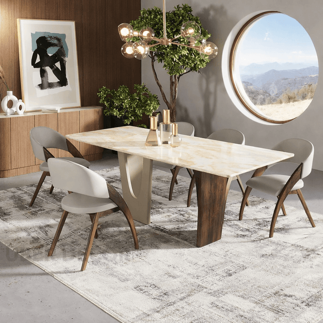 Griha Dining Table with Marble Tabletop and Solid Wood Base Inspired by Warm Indian Homes for Elegant Dining Rooms