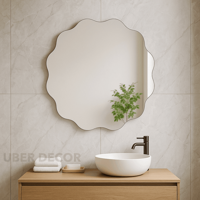 Scallop Serenity Asymmetric Frameless Round Wall Mirror- Aesthetic Ripple Shaped Circular Mirror for Wall Decor