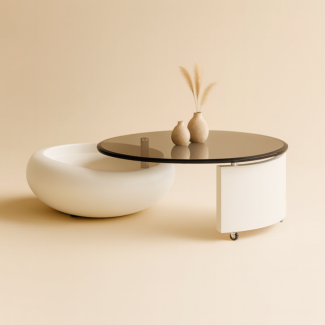 Cooper’s Creek Coffee Table Set, Modern Futuristic Glass and Glossy White Pod Center Tables for Living Room