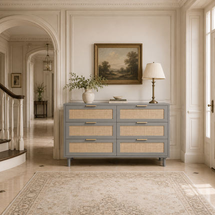 Bayshore 6-Drawer Scandinavian Rattan Front Solid Wood Cabinet with Natural Polish & Custom Finish Options for Bedroom, Living Room & Entryway