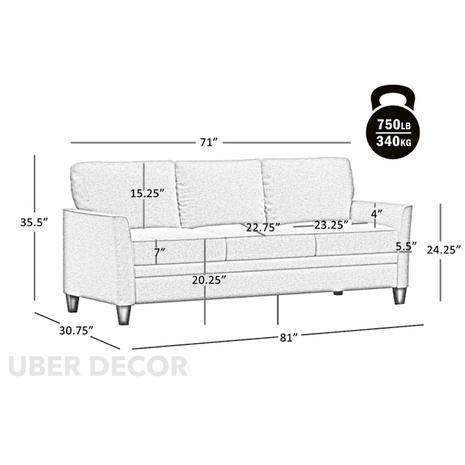 Sydney 81" Sofa- 3 Seat Classic Comfortable Modern Sofa in Customisable Fabric for Living Room - Uber Decor