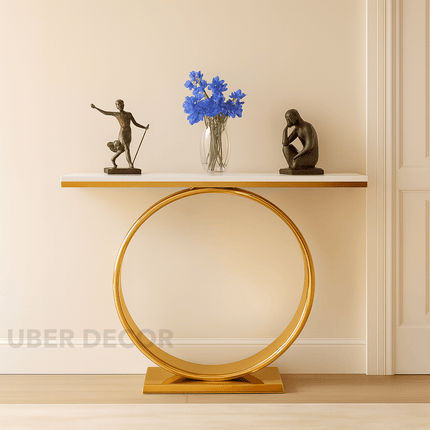 Celestial Halo Side Table – Custom Black or White Marble Top with Gold Circle Base Mid‑Century Glam Accent For Entryway & Hallway