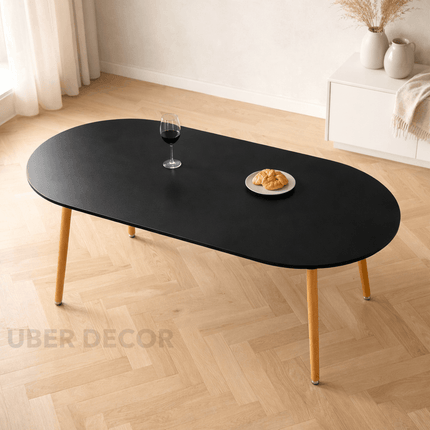 Nordelle Oval Dining Table Scandinavian Mid Century Modern Japandi Design Black Tabletop with Wooden Tapered Legs Dining Table for Dining Room
