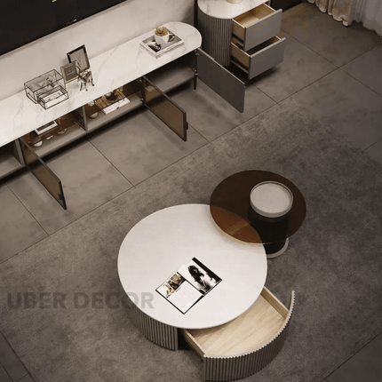 Tiber Oro Italian Luxury Round Coffee Table Tempered Glass Top High Gloss Finish Minimalist Centerpiece for Lounge and Living Suites