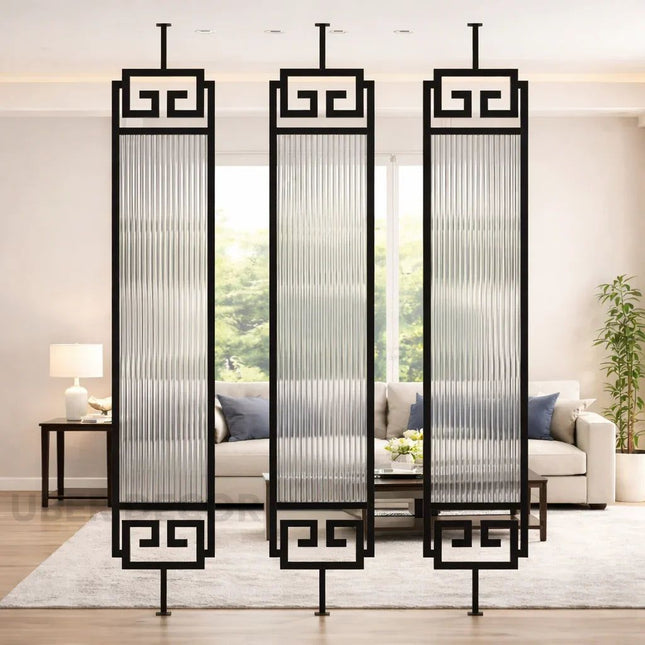 IONYX Stainless Steel Glass Room Divider With Ribbed Panel Modules For Living Room Bedroom And Transitional Interior Zones