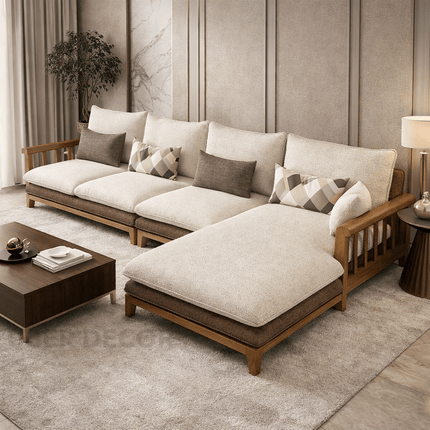 Duncan 4-Seater Japandi Style Wooden Frame L Shaped Sofa with Lounger for Living Room