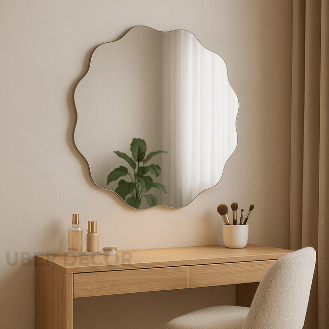 Scallop Serenity Asymmetric Frameless Round Wall Mirror- Aesthetic Ripple Shaped Circular Mirror for Wall Decor
