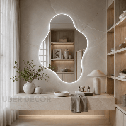 Contour Freeform Frameless LED Wall Mirror Front or Back Lit for Vanity Bedroom and Modern Interiors