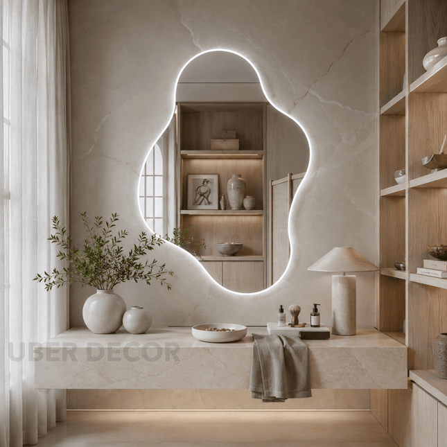 Contour Freeform Frameless LED Wall Mirror Front or Back Lit for Vanity Bedroom and Modern Interiors