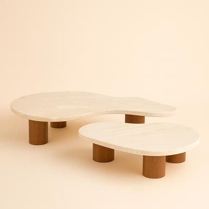 Beni River Flow Coffee Table Set of 2, Mid Century Modern European Travertine and Wood Freeform Center Tables for Living Room