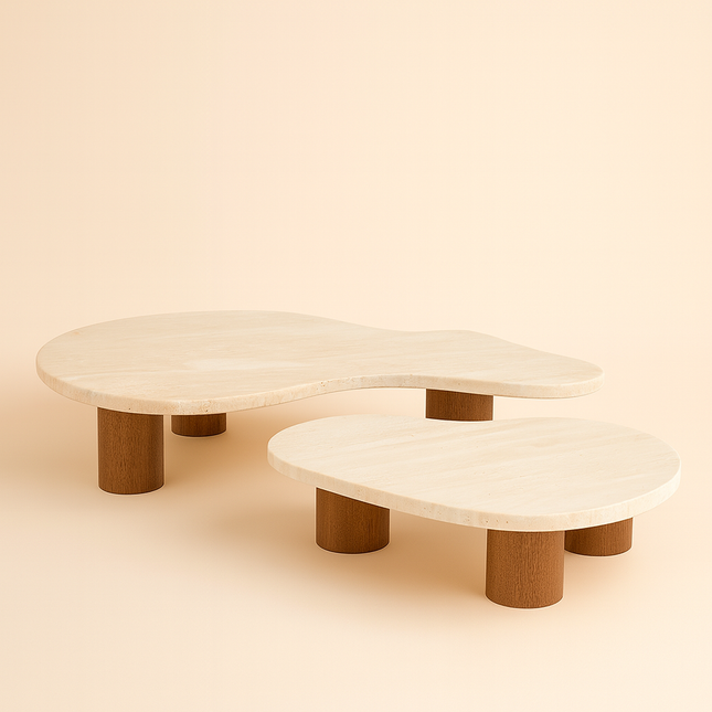 Beni River Flow Coffee Table Set of 2, Mid Century Modern European Travertine and Wood Freeform Center Tables for Living Room