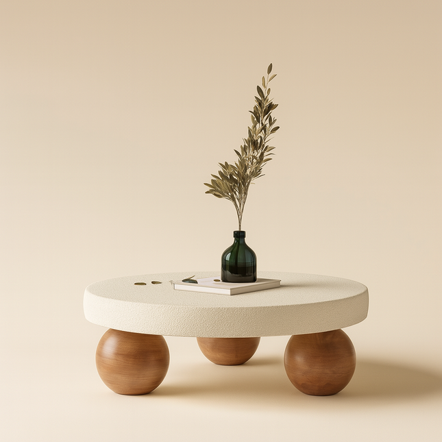 Salween Mid Century Modern Japandi Coffee Table Scandinavian Round Center Table with Sculptural Sphere Legs Custom Made to Order for Living Room