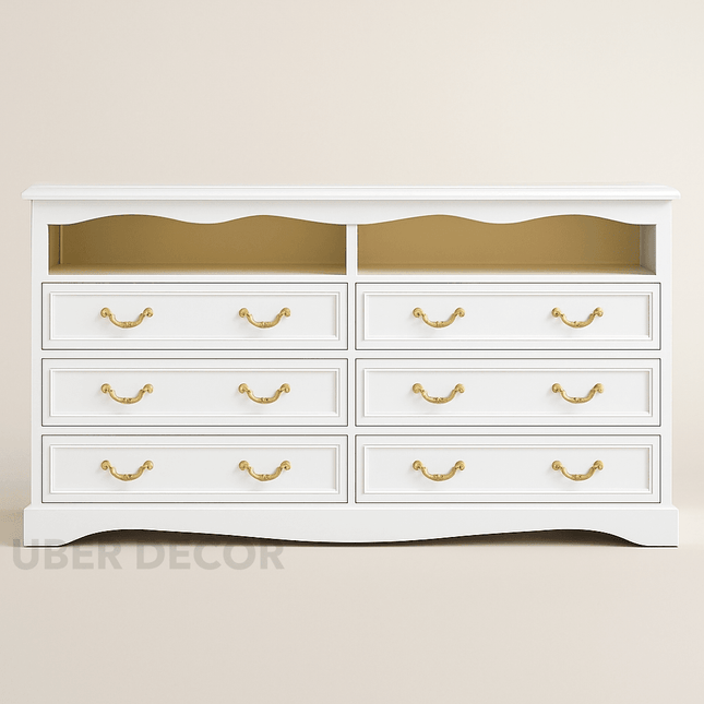 Belmont Luxe 6-Drawer French Country Cabinet – Elegant Solid Wood with White Polish & Gold Handles, Custom Color Options for Bedroom, Living Room & Entryway - Uber Decor