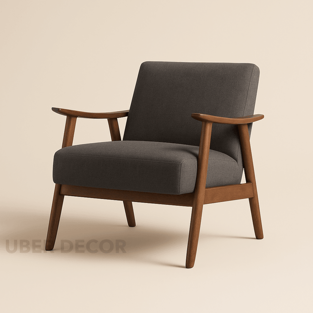 Zephra Accent Chair- Retro Vintage Upholstered Laid Back Armchair with Walnut Wood Arms and Legs