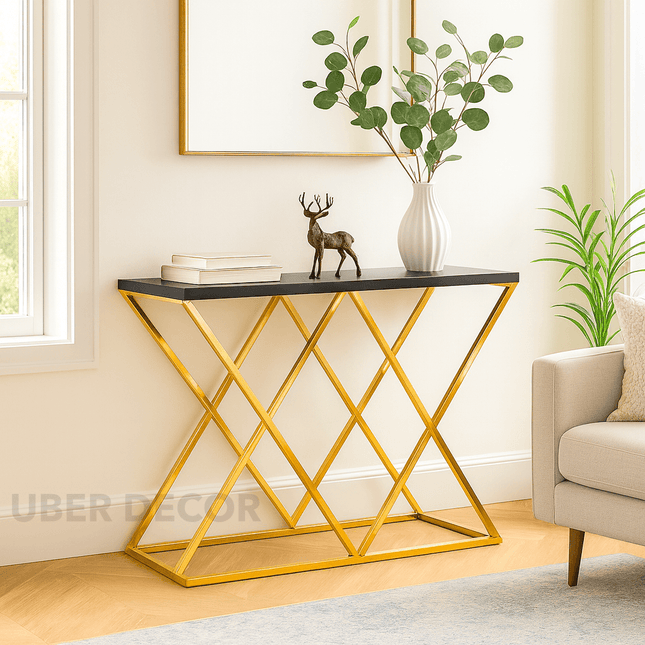 Nexa Noir Mid-Century Modern Display Table – Matte Black Frame with Geometric Crisscross Base for Hallway or Living Room