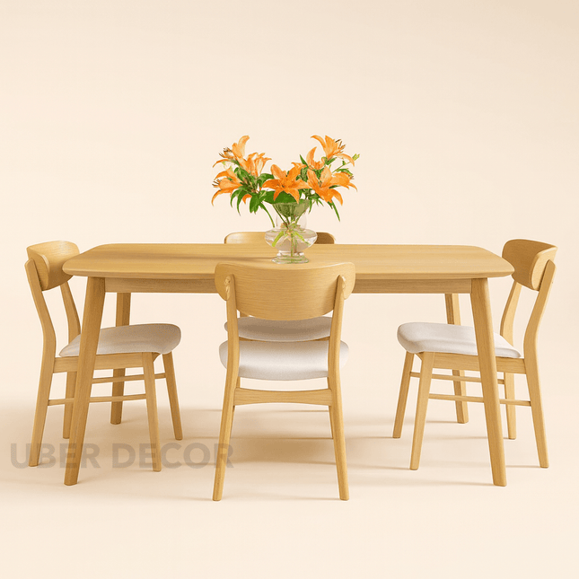 Meadow Fern Mid-Century Modern Wooden Dining Table Set with Pastel Upholstered Chairs for Kitchen Dining Area