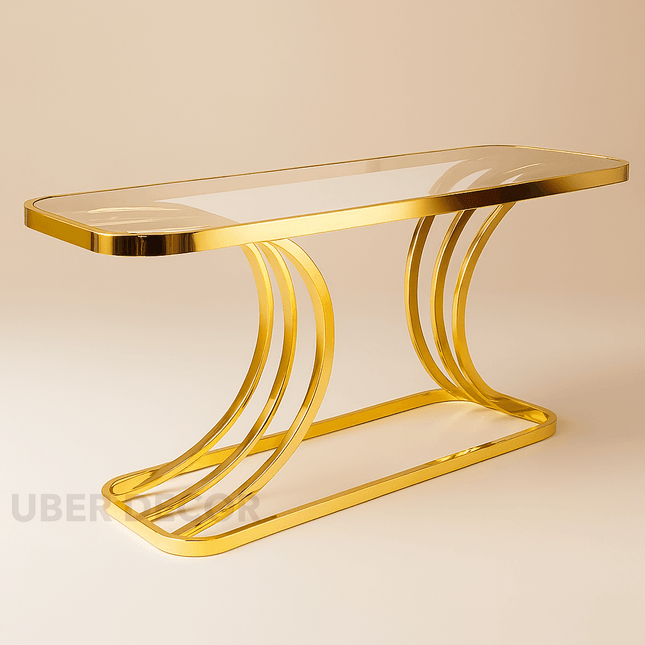 Arcadian Flow Modern Art Deco Display Table – Clear Tempered Glass Top with Curved Gold Base for Hallway or Living Room
