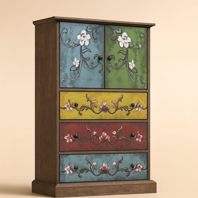 Bloomwood Vintage Hand-Painted Floral Cabinet – Boho Chic Tall Storage Dresser for Living Room, Bedroom, or Hallway