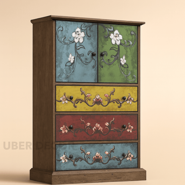 Bloomwood Vintage Hand-Painted Floral Cabinet – Boho Chic Tall Storage Dresser for Living Room, Bedroom, or Hallway - Uber Decor