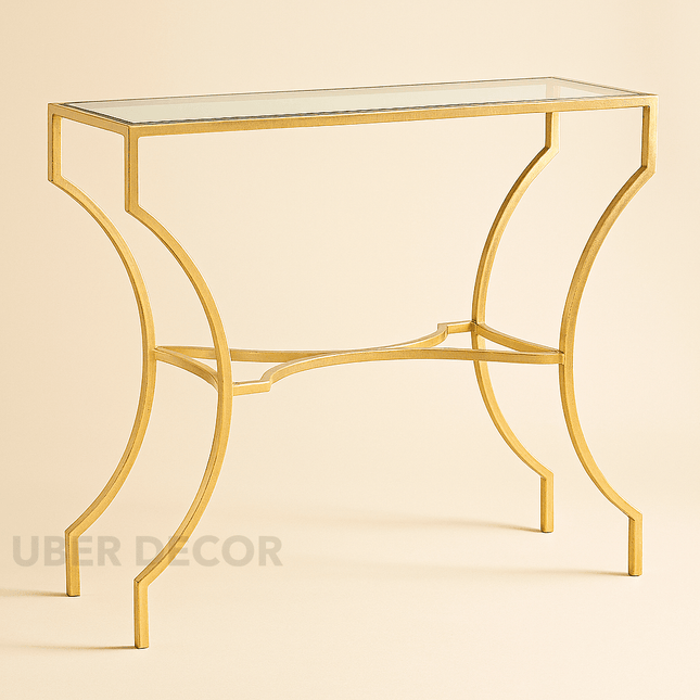 Aurion Display Table – Elegant Glass Top with Sculptural Gold Metal Base for Hallways, Entryways & Living Rooms