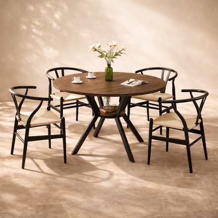 Forest Nook Round Wooden Dining Table Modern Contemporary Design with Metal Base for Dining Room and Kitchen Dining Area