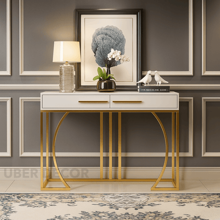 Creston Arc Display Table – White Drawer Top with Gold Sculptural Arch Base Mid‑Century Modern Accent