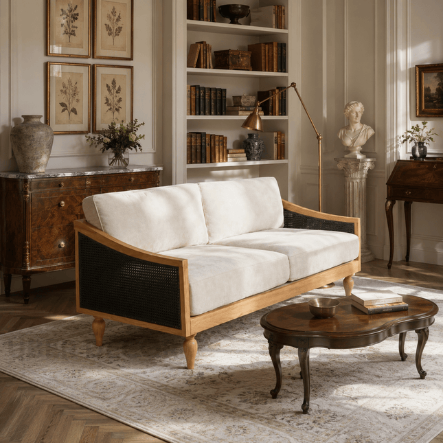 Fermo cane-panel sofa – close-up of woven cane side panels and sloped wooden arm
