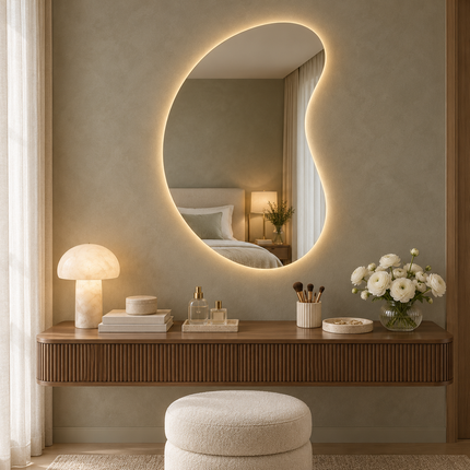 Solis Sculptural LED Wall Mirror in Frameless Design with Front or Back Lit for Vanity Bedroom and Modern Interiors