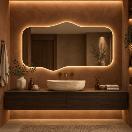Calix Frameless Wavy LED Mirror with Front or Back Lit for Dressing Area and Modern Interiors