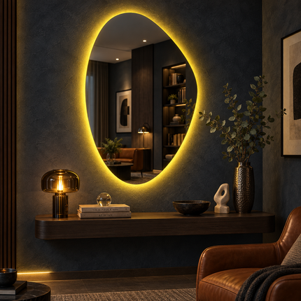 Celia Pebble-Shaped LED Mirror – Frameless Wall Hanging Mirror with Front or Back Lit for Vanity & Bathroom